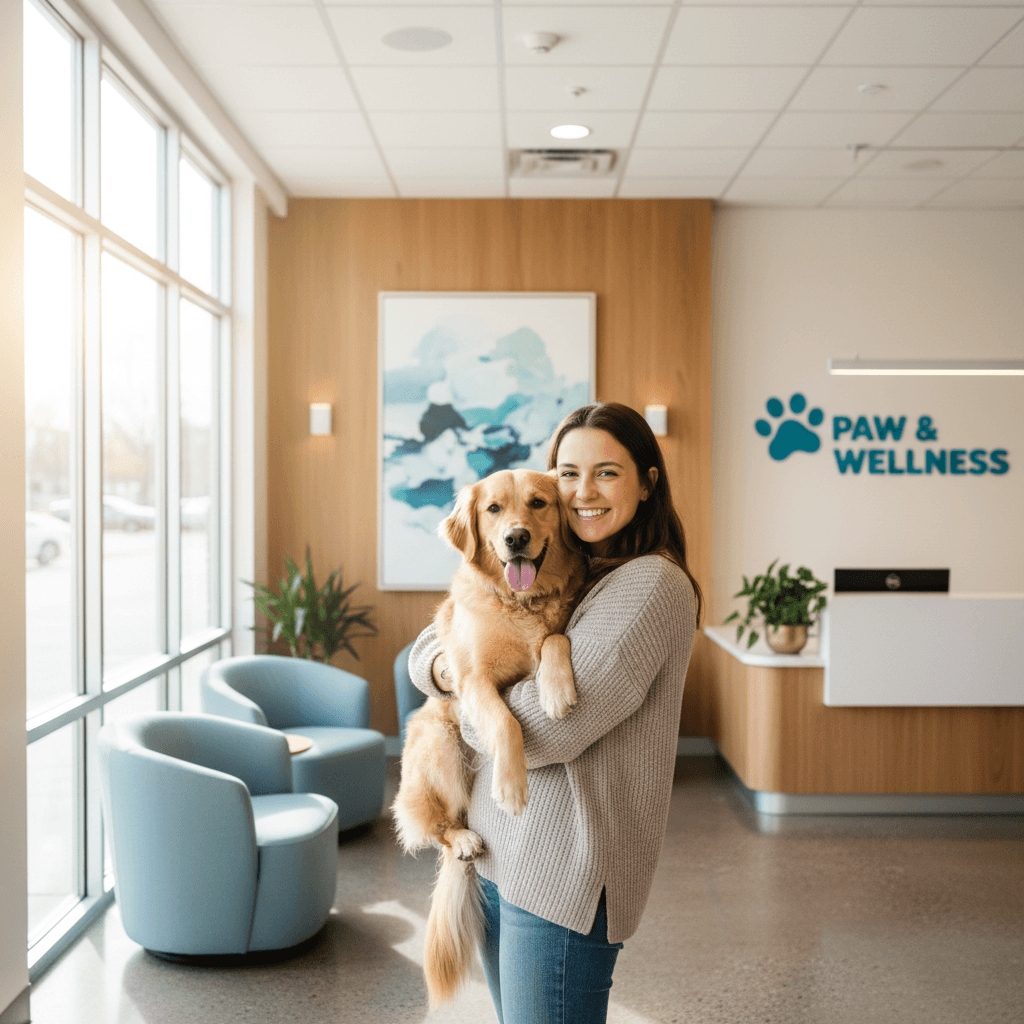 Pet owner and dog in welcoming clinic setting