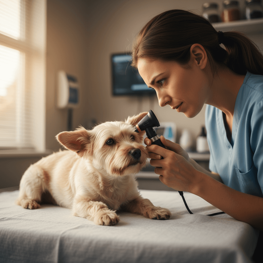 Veterinarian examining dog's ear with care