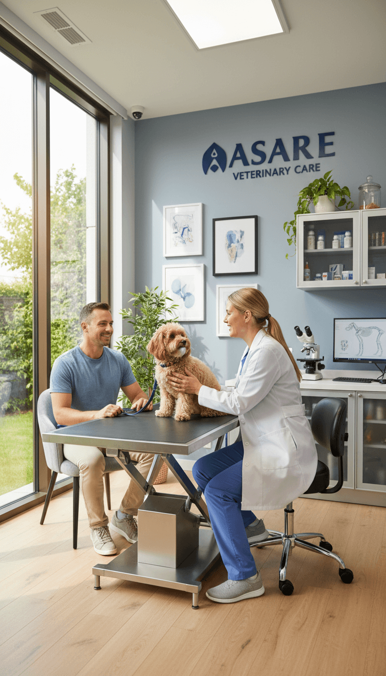 Veterinarian and pet owner in a bright, welcoming clinic consultation room discussing pet health.
