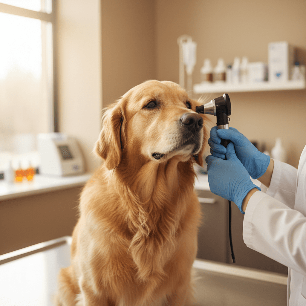 Veterinarian gently examining a dog's ear in a comfortable clinic setting