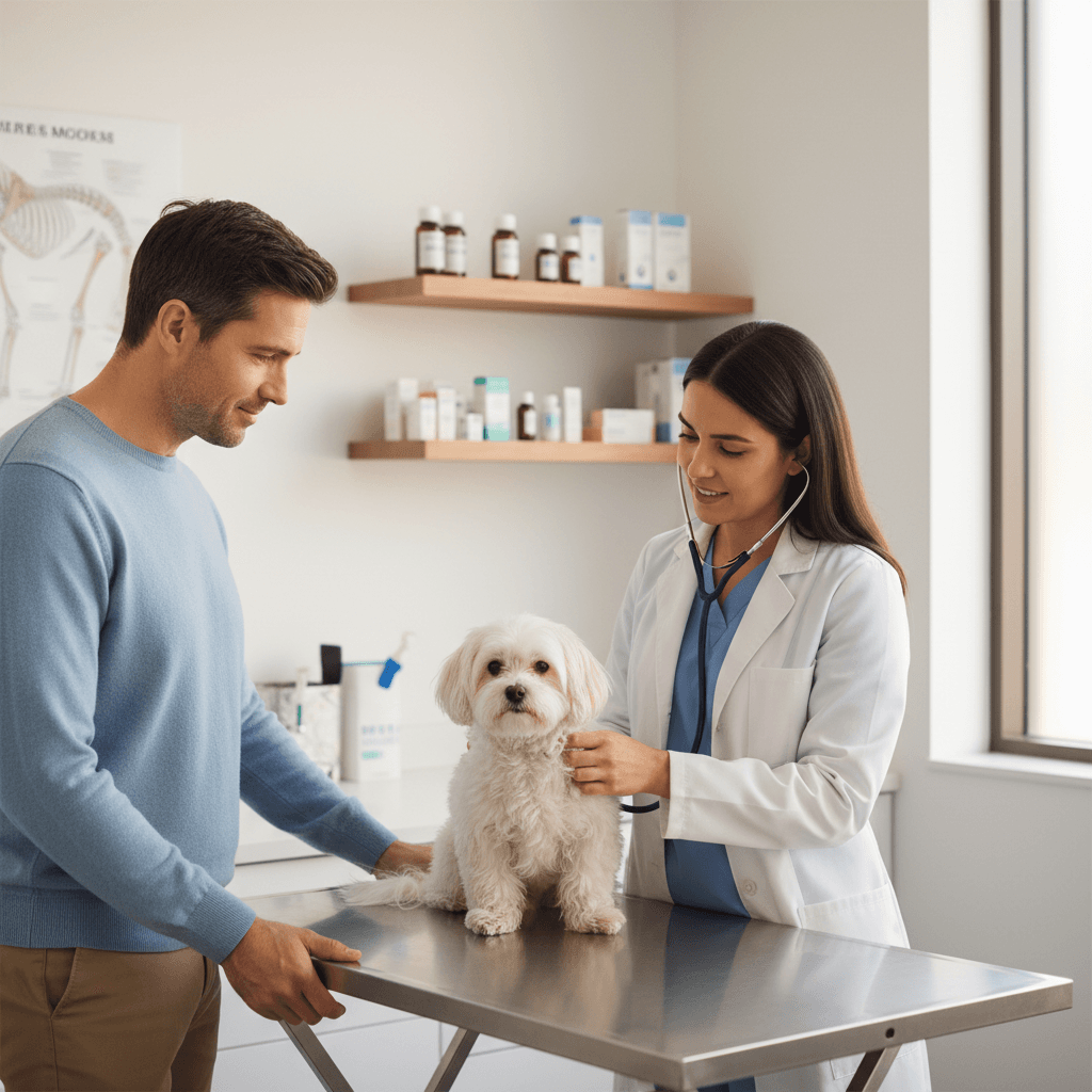 Veterinarian discussing pet care with owner in clinic