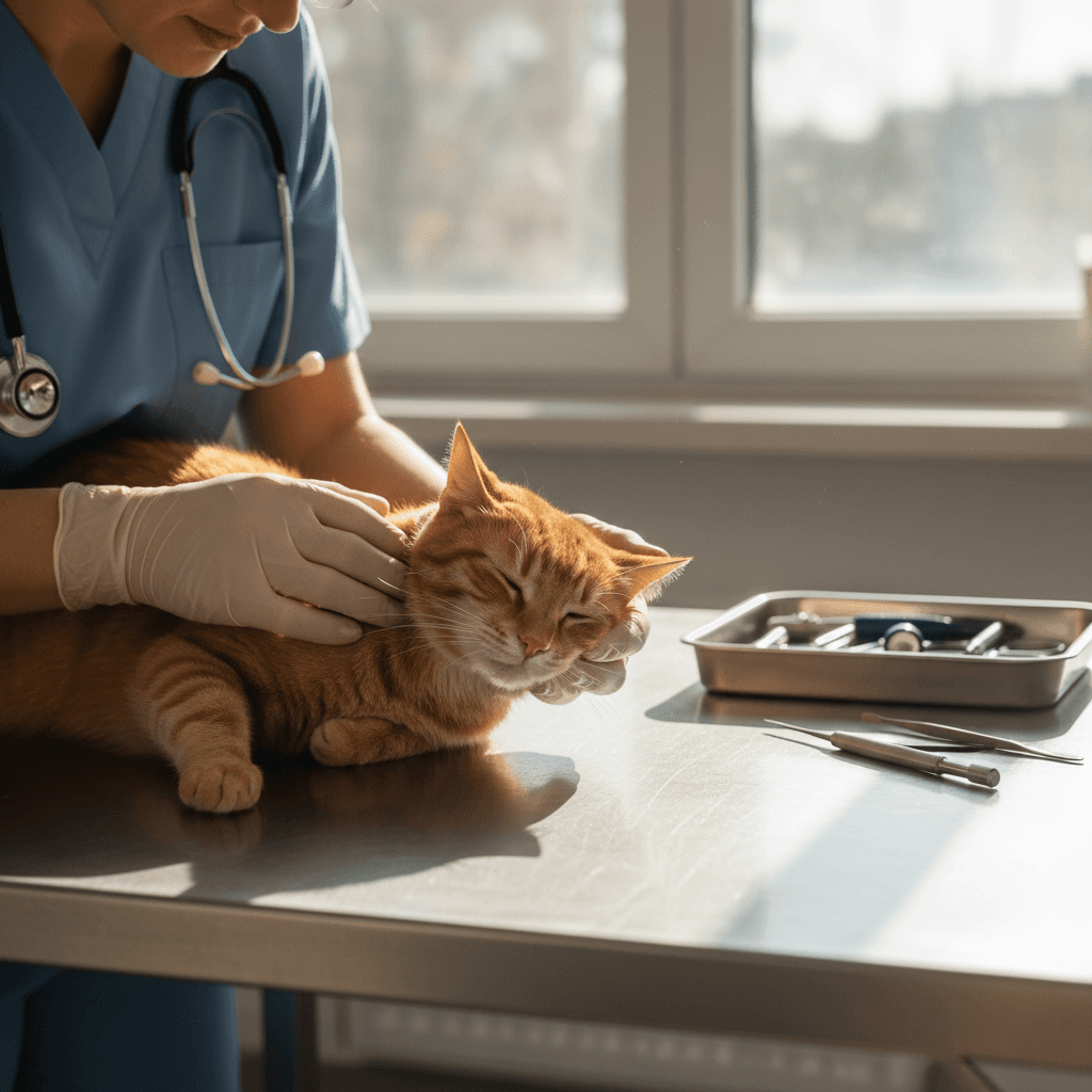 Veterinary technician documenting cat examination in clinic