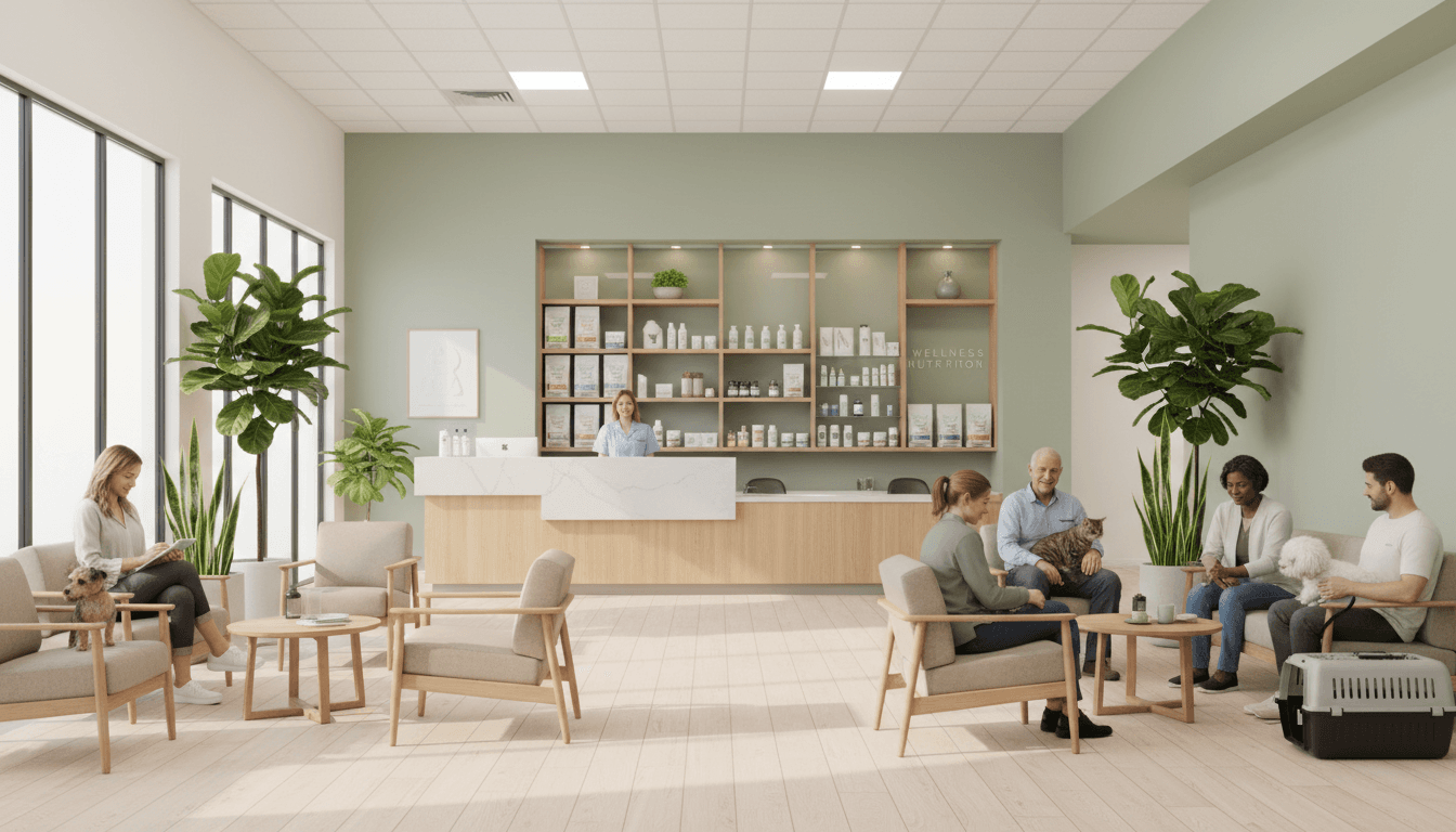 Pet owner and veterinarian communicating in clinic reception area
