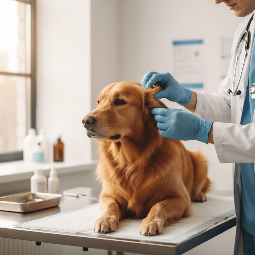 Veterinarian gently examining a dog's ear with care