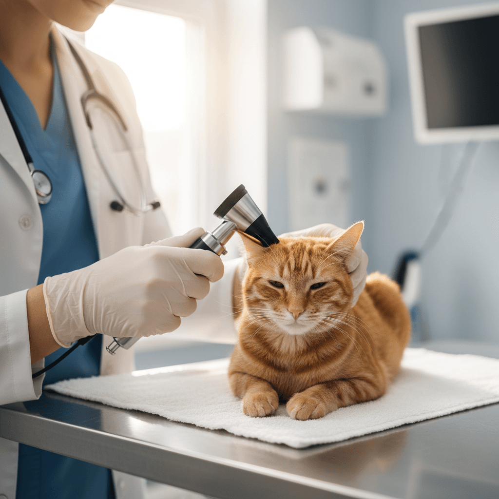 Veterinarian performing wellness examination on cat